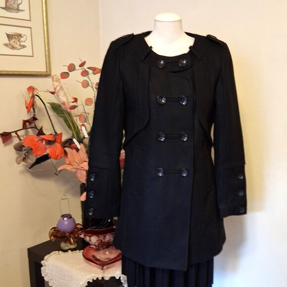NWT 2 Two Women's Black Double Breasted Wool Blend Lined Winter Pea Coat - Picture 3 of 15